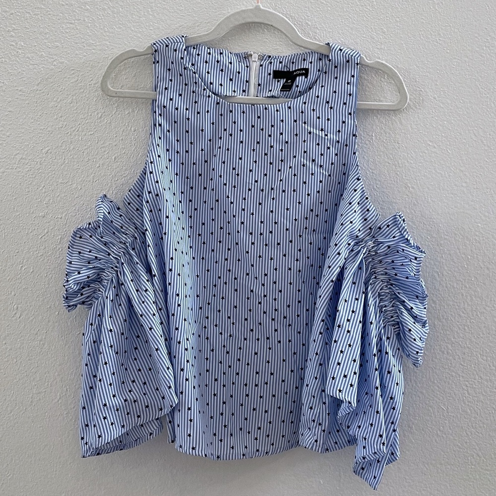 Aqua cold shoulder blue stripe and stars top